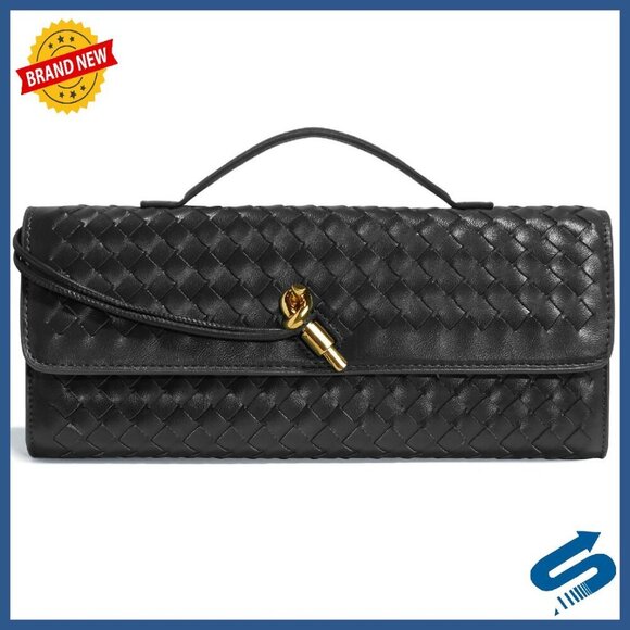 Handbags - Woven PU Leather Evening Bag with Adjustable Strap, 12x5x2 Inches